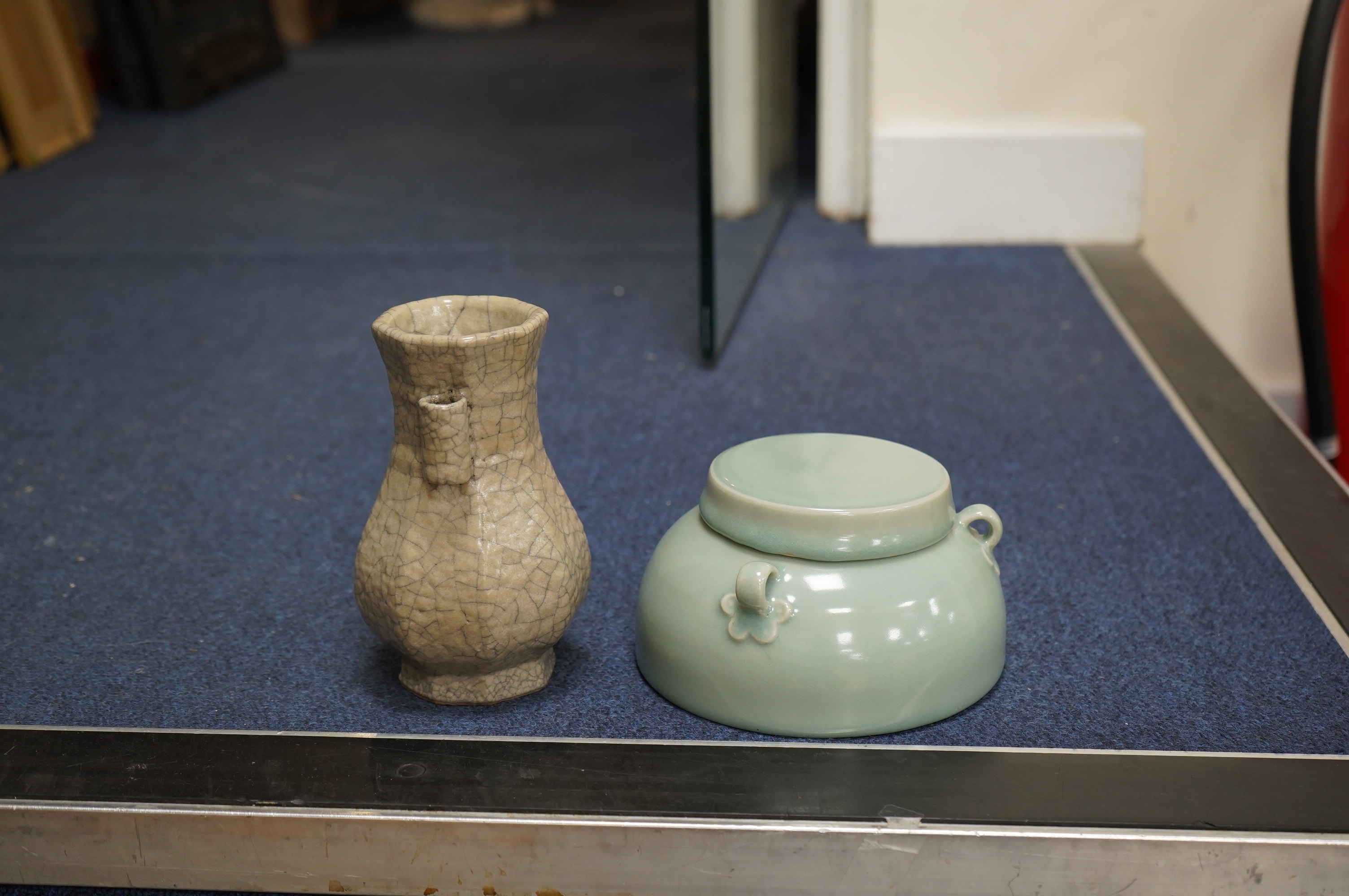 A Chinese crackle glaze pot and celadon bowl and cover, crackleware vase 15cm high. Condition - good